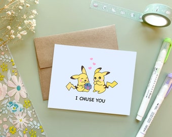 I Chuse You | Cute Pika Anime Love Card Valentines Card Funny Pun Greeting Card Anniversary Kawaii Japanese Electric Mouse Card