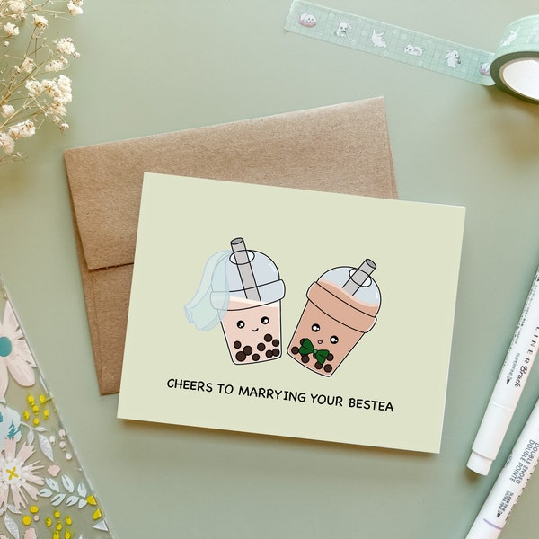 Cheers to Marrying Your Bestea | Bubble Tea Wedding Card Funny Engagement Bridal Shower Gift Bride and Groom Boba Card Asian Wedding