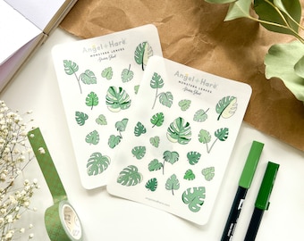 Monstera Leaves Sticker Sheet | Clear Frosted Matte Journal Aesthetic Transparent Planner Washi Stickers Variegated Thai Constellation Plant