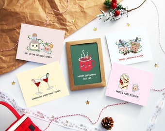 Holiday Drinks Boxed Set | 5 Card Variety Pack Christmas Cards Cute and Punny Festive Seasonal Greeting Cards For Family Friends Groups