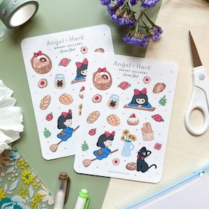 Feuille d'autocollants de livraison de boulangerie | Feuille d'autocollants de journal Kiki, mini album déco japonais, feuille d'autocollants anime confortable, chat mignon