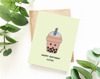 Happy Birthday Cutea | Bubble Tea Birthday Card Boba Drink Milk Tea Pearls Cute Funny Greeting Card Kawaii Foodie | Angel + Hare