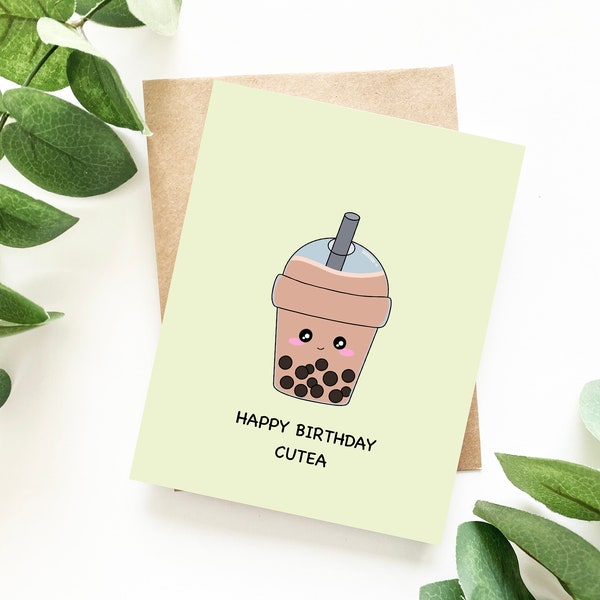 Joyeux anniversaire Cutea | Bubble Tea Birthday Card Boba Drink Milk Tea Pearls Mignon Drôle Carte de Vœux Kawaii Foodie | Ange + Lièvre