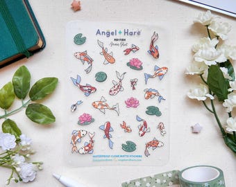 Koi | Feuille d'autocollants transparents imperméables pour journal esthétique, mini-autocollants déco, planificateur, papeterie