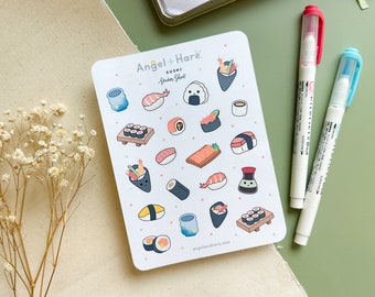 Feuille d'autocollants pour sushis | Stickers déco de journal culinaire japonais Petit sticker japon Sashimi saumon Onigiri Spam Thème restaurant mignon