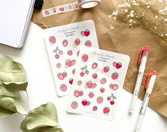 Strawberry Sticker Sheet | Clear Frosted Matte Journal Strawberry Field Transparent Washi Planner Stickers Summer Fruit Pink Strawberries