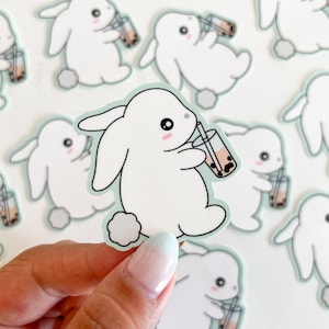 Boba Bunny wasserdichter Aufkleber | Kaninchen Vinyl Gestanzte Laptop Aufkleber süsse Tierblase Tee Langlebige Wasserflasche Aufkleber | Engel + Hase