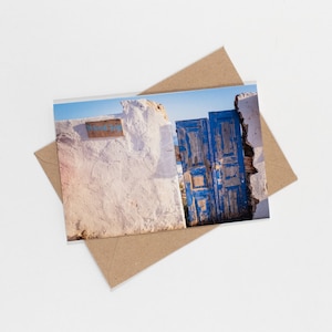 Blue Door, Oia, Santorin, Grèce - 10 cartes vierges avec enveloppes artisanales brunes | Images de voyage | Cartes de vœux vierges | Papeterie photo
