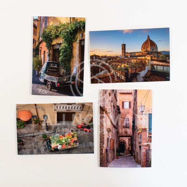 Italian City Collection - 12 Blank Cards w/Brown Craft Envelopes | Set of 4 Travel Images | Blank Greeting Note Notecards | Photo Stationery