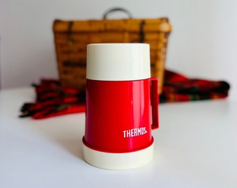 Vintage Red Thermos Insulated Flask, Model 70-100, .85 litres, Made in England, keep drinks hot or cold for retro picnic, cottage, beach