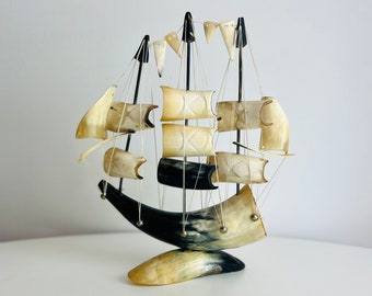 Vintage Horn Bone Sailboat, Hand Made Model Ship Made from Real Bone, great Nautical Decor for the Den or Office