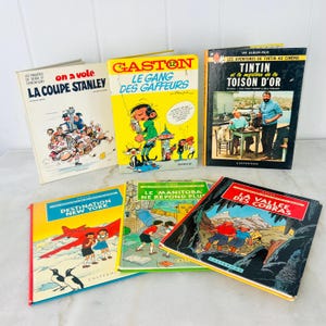 May include: A collection of vintage comic books with colorful covers. Titles include "La Coupe Stanley," "Gaston," and "Tintin et le mystère de la Toison d'Or." The books are in various sizes and feature illustrations and text.