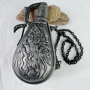 Antique French Gunpowder Flask, Pewter Metal with naked Greek goddess and Zeus with laurel crown for military collector, sculpture, gift