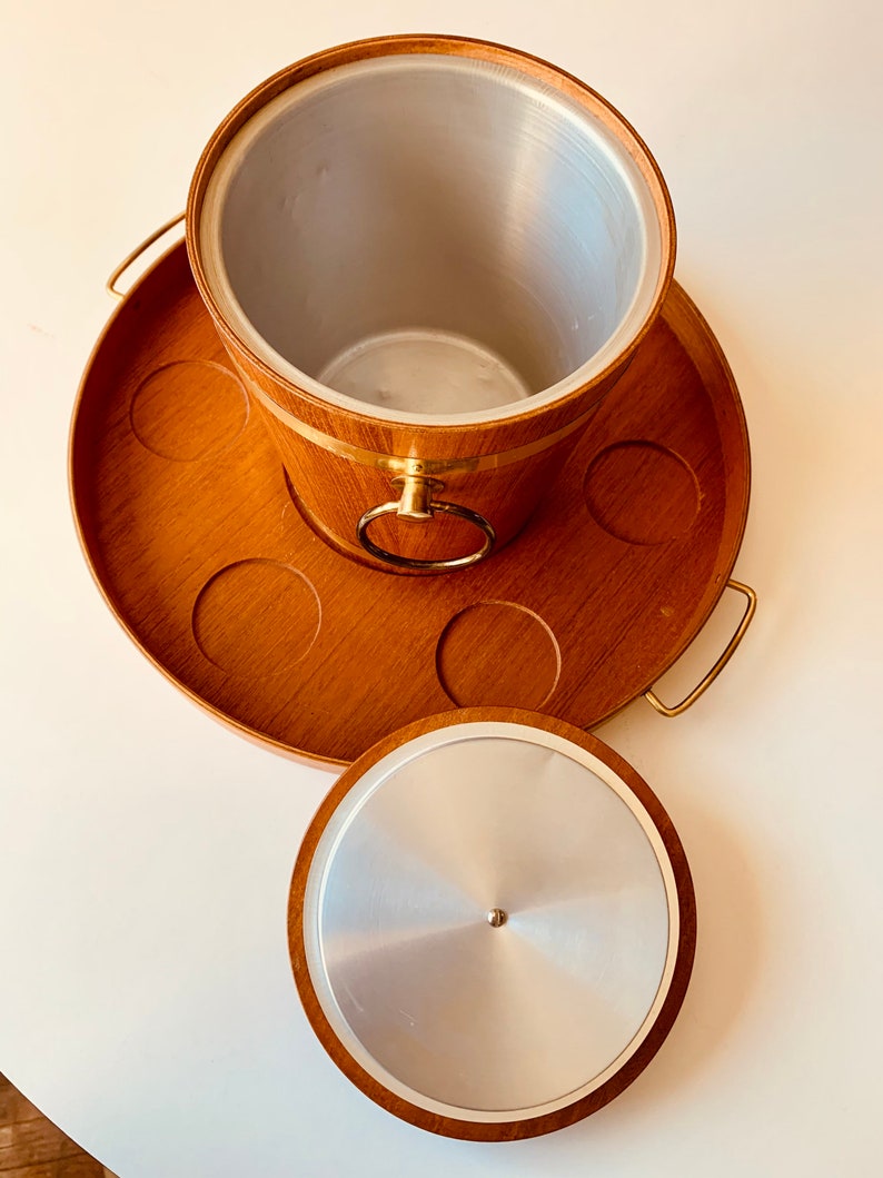 Vintage Ice Bucket and Tray, Teak With Brass Handles, Indented Spots