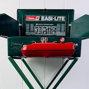 Vintage 1985 Coleman Tourist Portable Camping Stove with Stand, Easy-Lite 431, two burner, gas powered, collectible camping gear, great find
