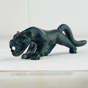 Vintage Hand Carved Snarling Black Panther Statue Black Marble Jaguar with teeth bared hunting posture for man cave hunter gift office decor