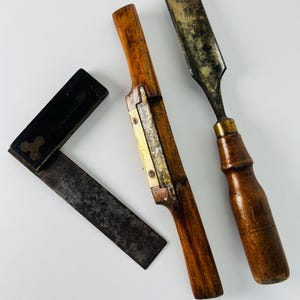 Antique Primitive Woodworking Hand Tools, Spoke Shave, Gouge Chisel, Try Square, gift for Dad