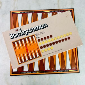 Puede incluir: Un tablero de backgammon vintage con cuadrados marrones y naranjas. El tablero está doblado por la mitad y la caja está abierta, mostrando las fichas y las instrucciones. La caja dice "Backgammon" en una fuente en negrita y estilizada. Las instrucciones dicen "Para 2 jugadores, de 7 años en adelante".