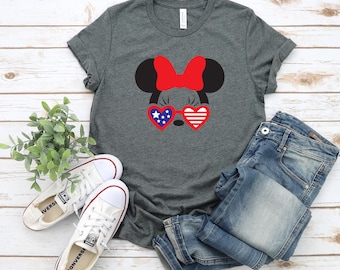 Minnie Mouse with heart glasses Stars and Stripes - Fourth of July Adult T Shirt - Independence Day - Memorial - Red White and Blue