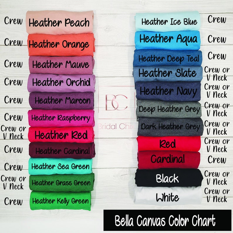 Puede incluir: Carta de colores Bella Canvas que muestra varios colores jaspeado y s&oacute;lidos para camisetas. La carta incluye opciones de cuello redondo y cuello en V. Los colores incluyen Heather Peach, Heather Orange, Heather Mauve, Heather Orchid, Heather Maroon, Heather Raspberry, Heather Red, Heather Cardinal, Heather Sea Green, Heather Grass Green, Heather Kelly Green, Heather Ice Blue, Heather Aqua, Heather Deep Teal, Heather Slate, Heather Navy, Deep Heather Grey, Dark Heather Grey, Red, Cardinal, Black y White.