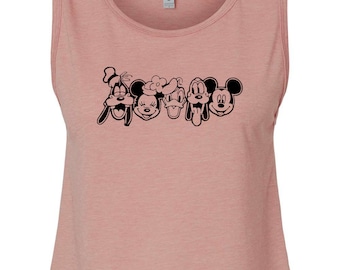 Personajes de Disney- Disney Adult Crop Top - Best Friends - Ladies Crop Tank - Mickey - Minnie - Goofy - Pluto - Donald