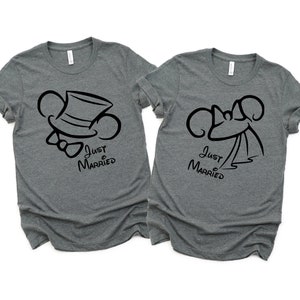 Just Married - Disney Couples Matching Unisex T Shirts - Mickey and Minnie Mouse - Anniversary - Honey Moon - Disney Moon