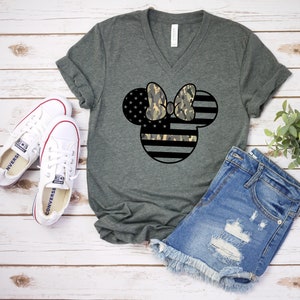 Minnie Army Camuflada - Camiseta adulta unissex - Forças Armadas - Camiseta militar Minnie Mouse - Estrelas e listras