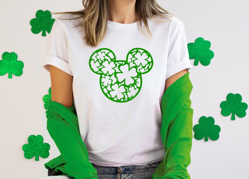 St. Patrick'S Day Mickey Mouse T Shirt- Outline Silhouette Inside Shamrock - Clover - Lucky Mickey - Disney St. Patty'S Day Bespoketshirt