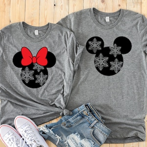 Minnie & Mickey Snowflakes Christmas T Shirts - Cute Disney Couples Shirt - Disney Matching Holiday Shirts -Christmas Disney Fan Gift Shirt