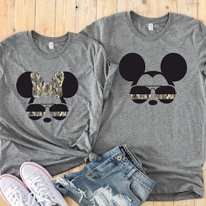 Minnie y Mickey Army camuflaron gafas de aviador camisetas para adultos - Parejas de Disney - Camisas militares a juego - Fuerzas Armadas
