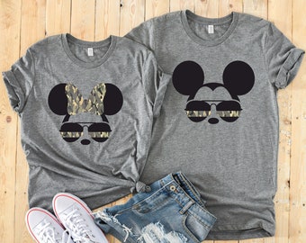 Minnie and Mickey Army Camouflaged Aviator Glasses Adult Shirts - Disney Couples - Military Matching Shirts - Armed Forces