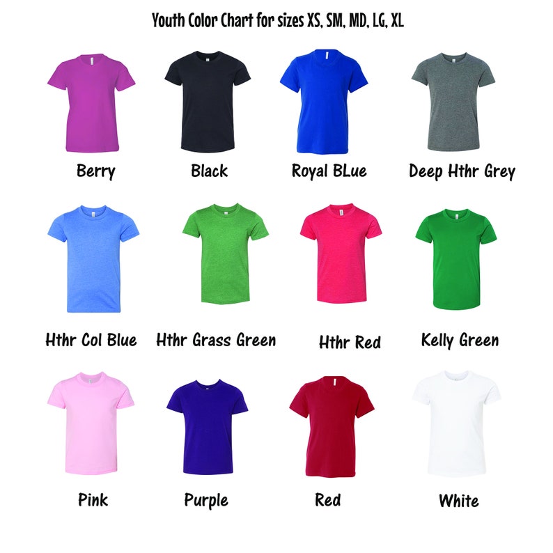 Puede incluir: Tabla de colores para camisetas de j&oacute;venes en tallas XS, SM, MD, LG, XL. La tabla muestra 12 colores diferentes: baya, negro, azul real, gris jaspeado oscuro, azul jaspeado, verde jaspeado, rojo jaspeado, verde kelly, rosa, morado, rojo y blanco.