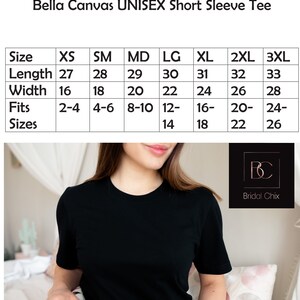 May include: Size chart for a Bella Canvas unisex short sleeve tee. The chart shows sizes XS through 3XL with corresponding measurements in inches for length and width. The chart also includes suggested fits for each size.