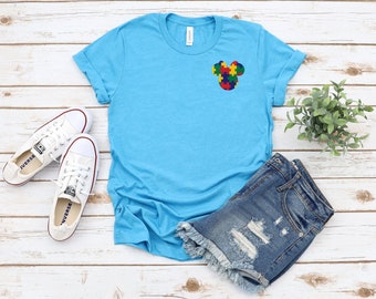 Koszulka Minnie Mouse dla dorosłych unisex - Aviators - Puzzle Piece - Koszulka z motywem świadomości autyzmu - Kieszeń z logo na lewej piersi