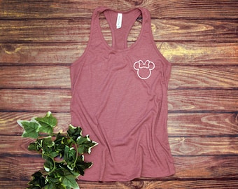 Pocket Size Minnie Mouse Ladies Racer Back Tank Top - Small Left Chest Logo - Outline