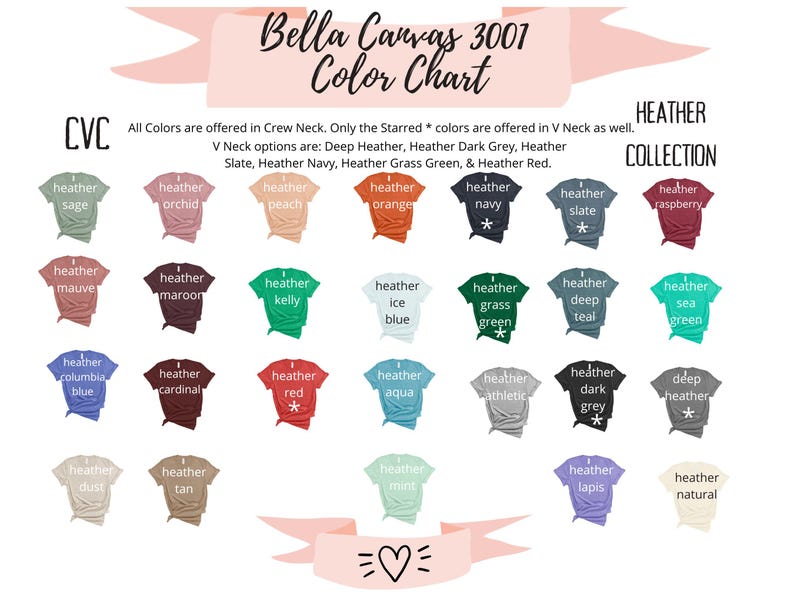 May include: Color chart for Bella Canvas 3001 t-shirts. The chart displays a variety of heather colors, including sage, orchid, peach, orange, navy, slate, and raspberry. Crew neck and V-neck options are available.