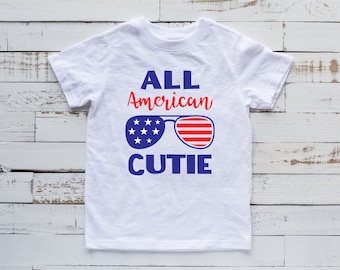 All American Cutie - Youth Fourth Of July Shirt - Memorial Day - Red White and Blue