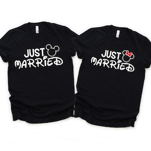 Just Married - Disney Couples Matching Unisex T Shirts - Mickey and Minnie Mouse - Anniversary - Honey Moon - Disney Moon