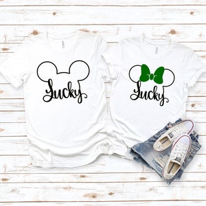 St. Patrick&#39;s Day Lucky Minnie and Mickey  Matching Disney Couples Shirts -Shamrock - Clover - Green Bow