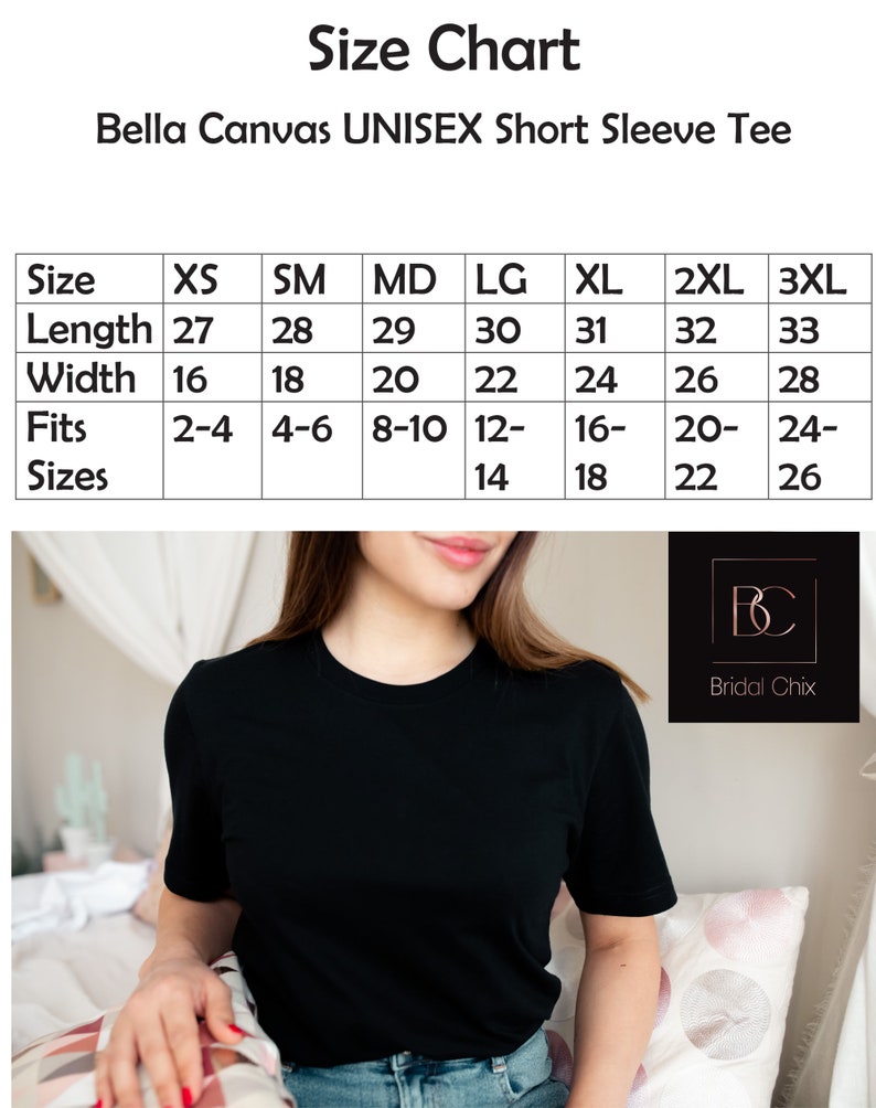 K&ouml;nnte beinhalten: Gr&ouml;&szlig;entabelle f&uuml;r ein Bella Canvas Unisex-T-Shirt mit kurzen &Auml;rmeln. Die Tabelle zeigt die Gr&ouml;&szlig;en XS bis 3XL mit den entsprechenden Ma&szlig;en in Zoll f&uuml;r L&auml;nge und Breite. Die Tabelle enth&auml;lt auch empfohlene Passformen f&uuml;r jede Gr&ouml;&szlig;e.