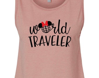 World Traveler-  Minnie Mouse Adult Crop Top - Epcot World Showcase Globe - Ladies Crop Tank