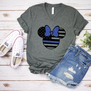 Police Minnie Mouse T Shirt -Blue Glitter Line - Front Line - Officer - Adult Disney Shirt - Law Enforcement