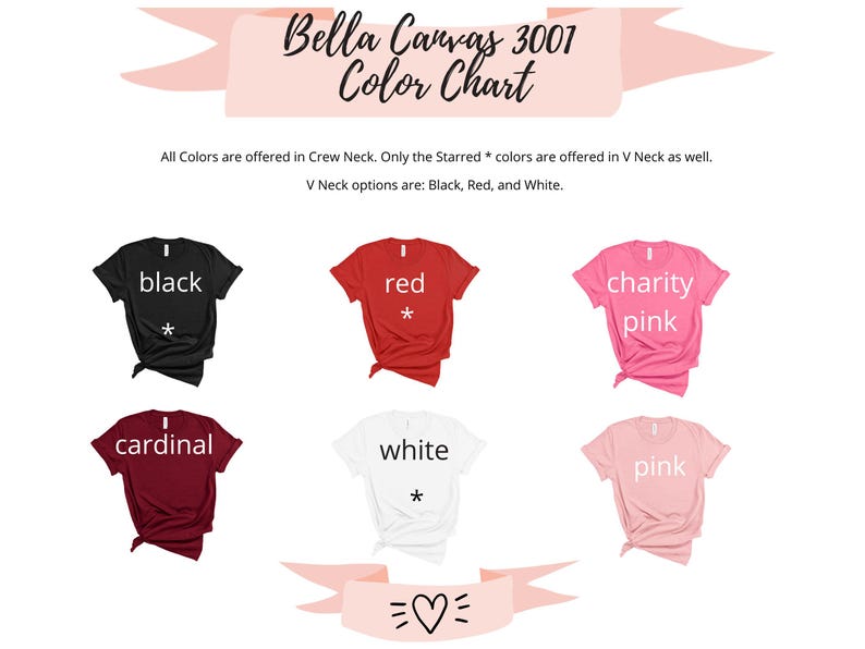 May include: A color chart for Bella Canvas 3001 t-shirts. The chart displays six t-shirts in various colors: black, red, charity pink, cardinal, white, and pink. The text indicates crew neck and V-neck options.