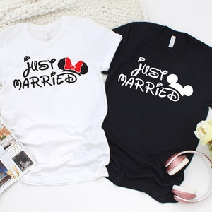 Just Married - Disney Couples Matching Unisex T Shirts - Mickey and Minnie Mouse - Anniversary - Honey Moon - Disney Moon