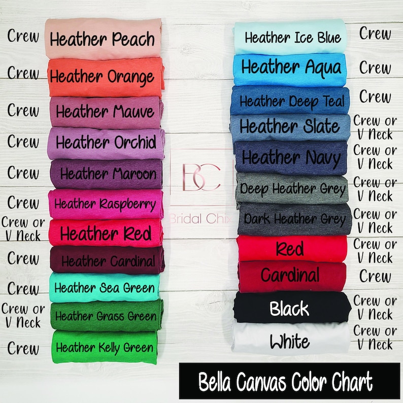 Puede incluir: Carta de colores Bella Canvas que muestra varios colores jaspeado y s&oacute;lidos para camisetas. La carta incluye opciones de cuello redondo y cuello en V. Los colores incluyen Heather Peach, Heather Orange, Heather Mauve, Heather Orchid, Heather Maroon, Heather Raspberry, Heather Red, Heather Cardinal, Heather Sea Green, Heather Grass Green, Heather Kelly Green, Heather Ice Blue, Heather Aqua, Heather Deep Teal, Heather Slate, Heather Navy, Deep Heather Grey, Dark Heather Grey, Red, Cardinal, Black y White.