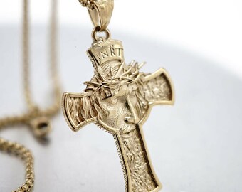 Gold Plated Jesus Face Crucifix Cross Pendant Necklace in Stainless Steel for Men
