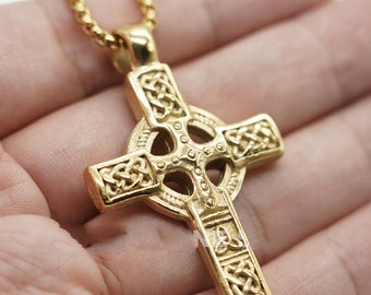 10K Gold Plated Irish Celtic Cross Pendant Necklace For Men Women