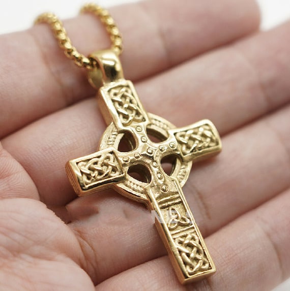 Amazon.com: 14K Yellow Gold Celtic Cross Religious Charm Pendant with 1mm  Box Chain Necklace - 16