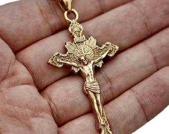 Gold Plated Jesus Crucifix St Benedict Cross Pendant Necklace for Men