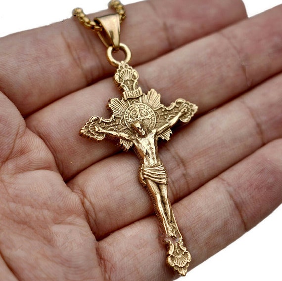 Antiqued Gold Trinity Crucifix Pendant and Necklace Antique -  Portugal